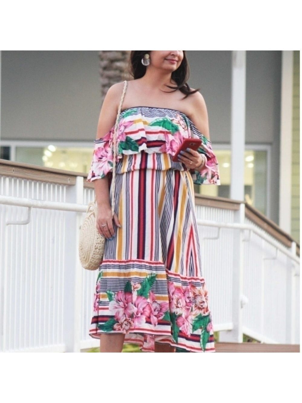 Flying Tomato Floral Stripe Multi Color Off The Shoulder Ruffled Maxi Dress